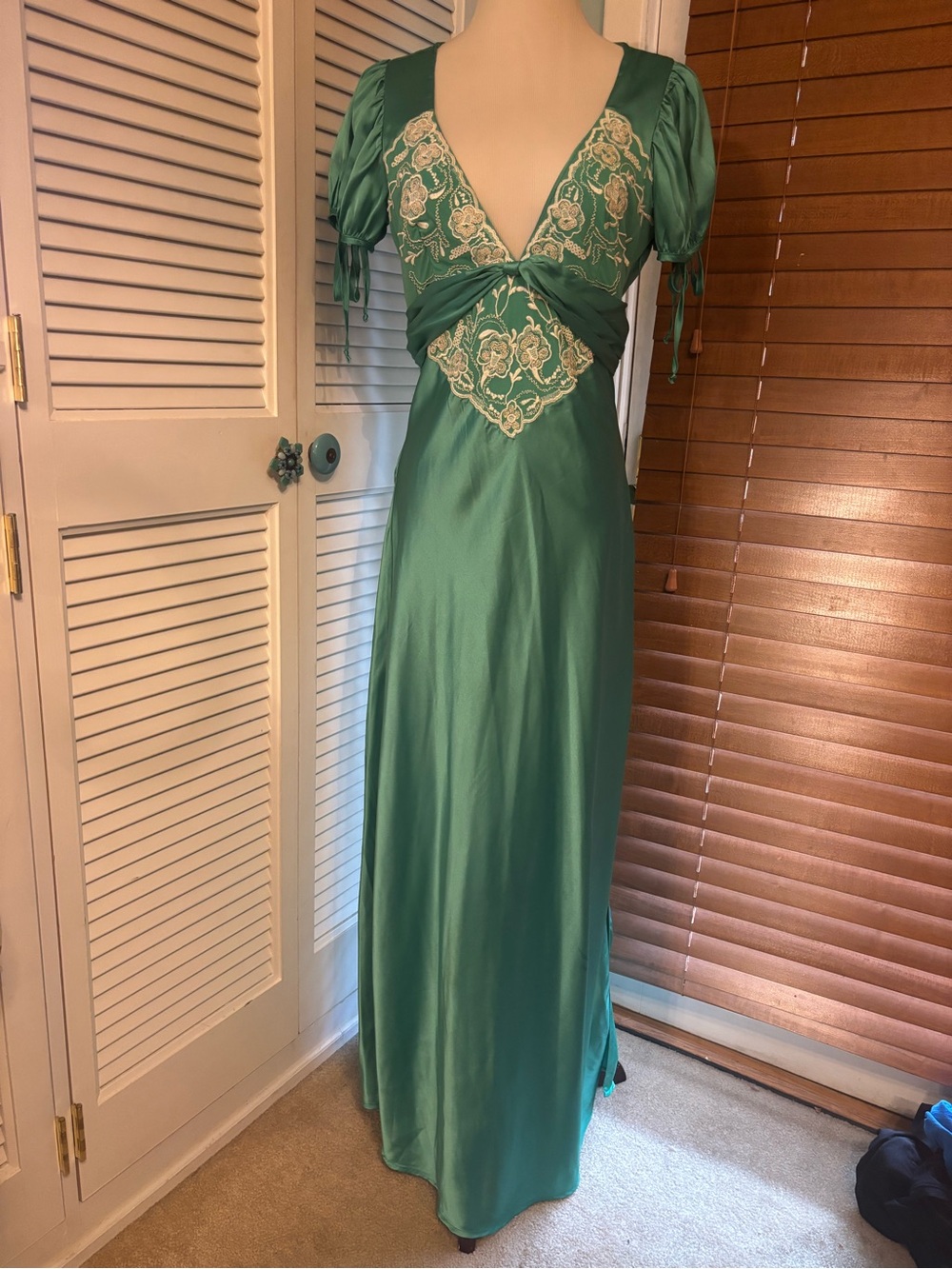 Free People Emerald Green Satin Maxi Dress with Ivory Embroidery